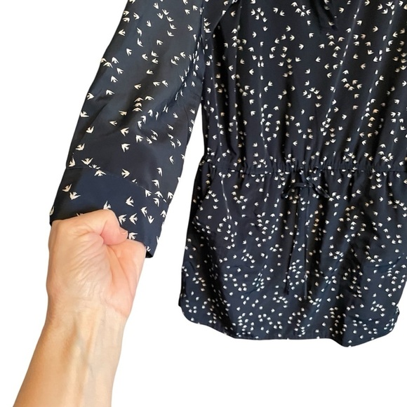 Banana Republic Bird Print Navy Dress-Size 10-Drawstring-Long Sleeves-Pullover - Picture 3 of 11